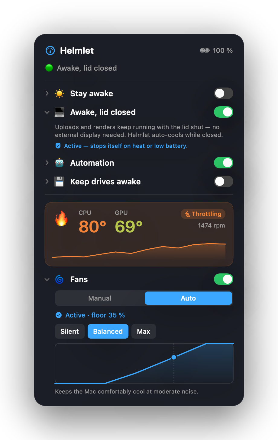 Helmlet in the menu bar: closed-lid keep-awake switch, live cockpit with CPU and GPU temperature and a smart cooling fan curve