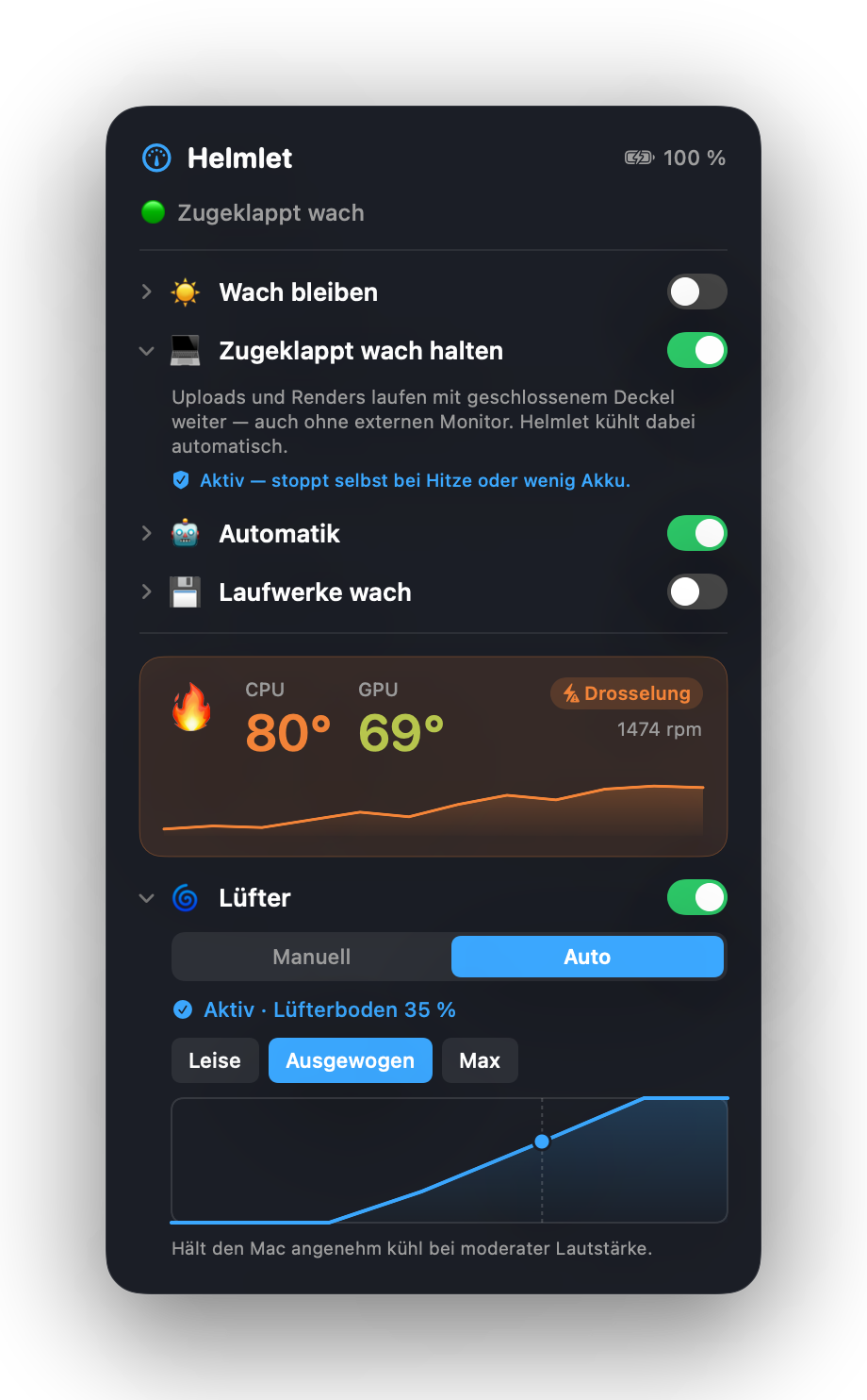 Helmlet in der Menüleiste: Zugeklappt-wach-Schalter, Live-Cockpit mit CPU- und GPU-Temperatur und Smart-Cooling-Lüfterkurve