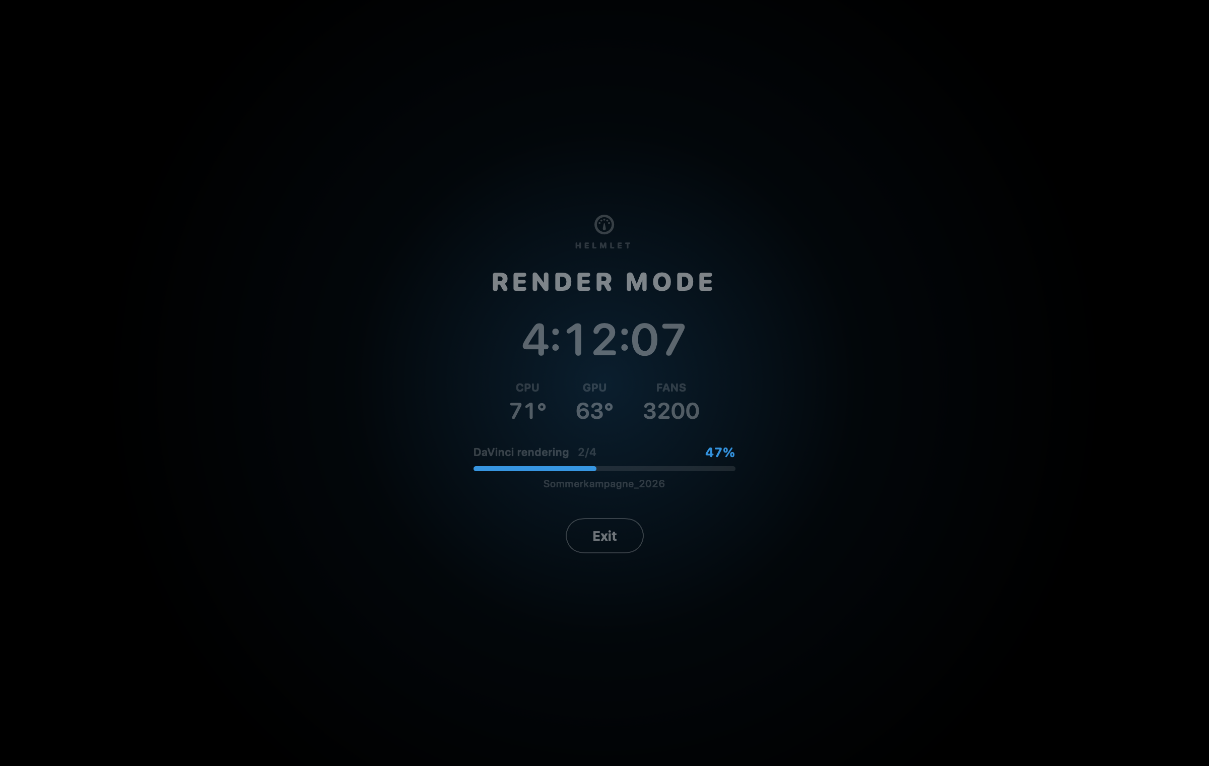 Helmlet Render Mode: the screen turns into a calm dark monitor showing elapsed time, CPU and GPU temperature and the live progress of the DaVinci Resolve render